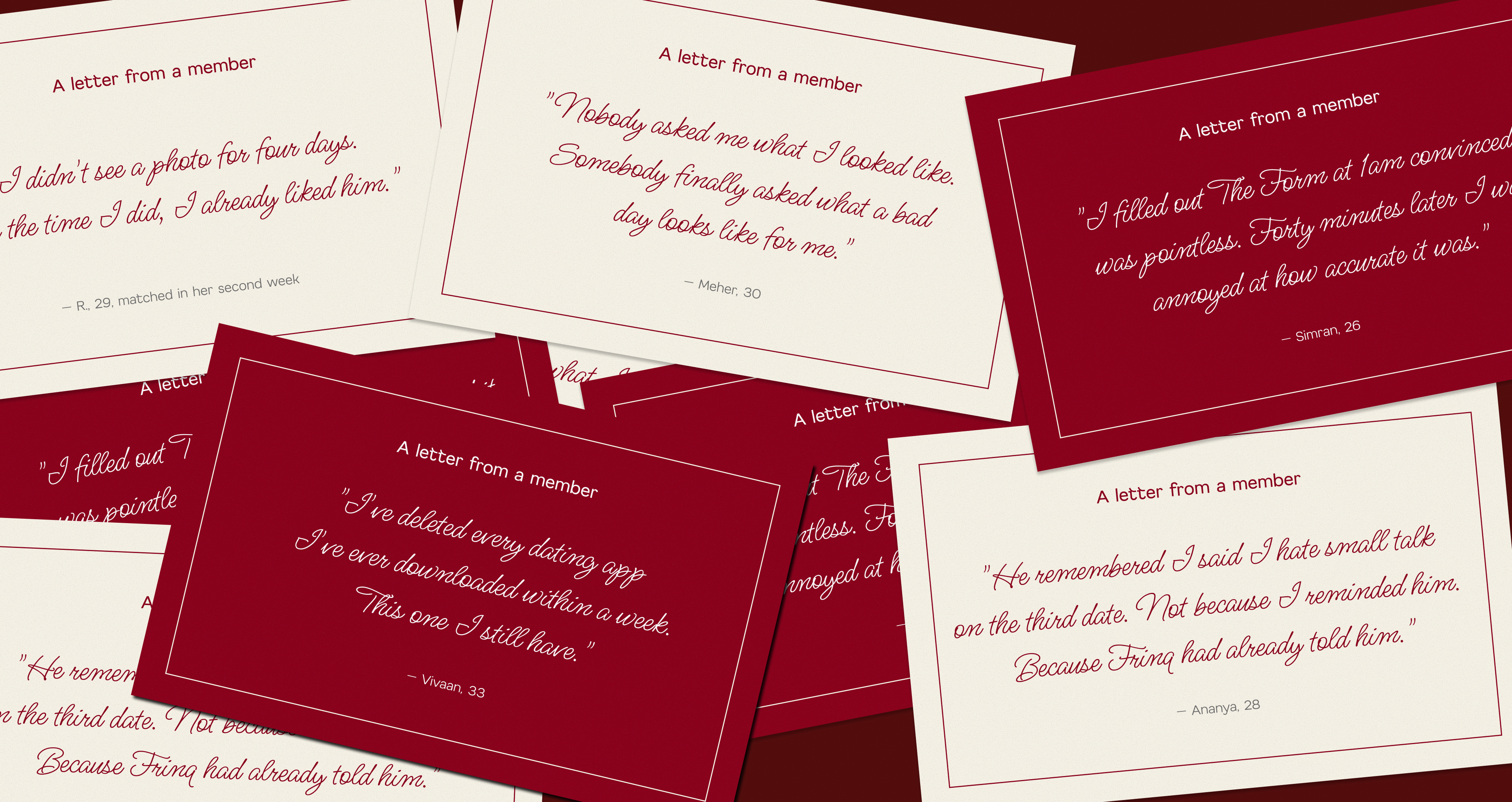 A collage of letters from Frinq members about meaningful introductions